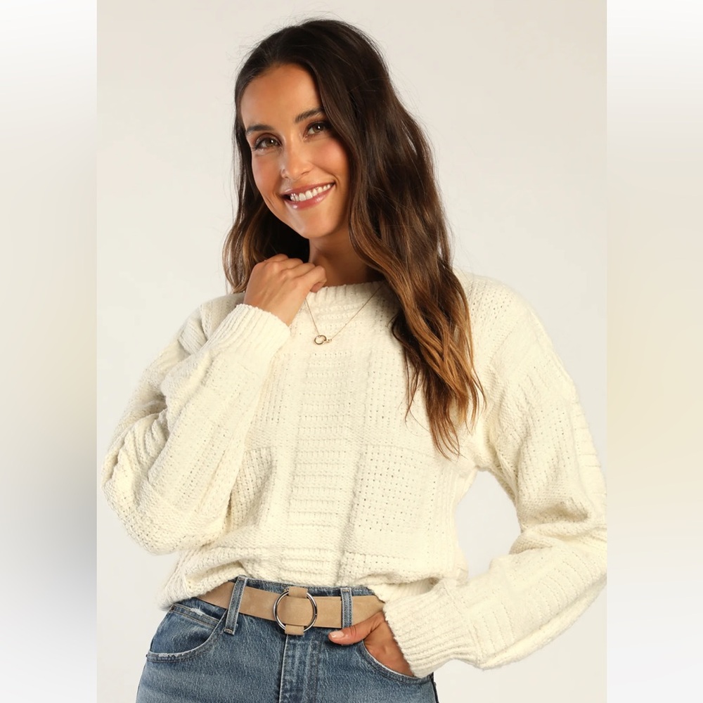 Lulu’s Ivory Patchwork Knit Balloon Sleeve Sweater Medium